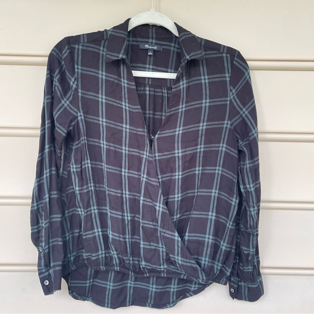MADEWELL Plaid Black Green Collared Wrap Front Top Small - Picture 2 of 9